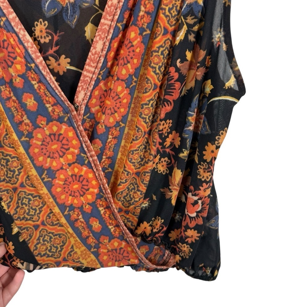 Free People Havana Floral Print Sleeveless Surplice Mesh Top Black/Orange M - Picture 10 of 14